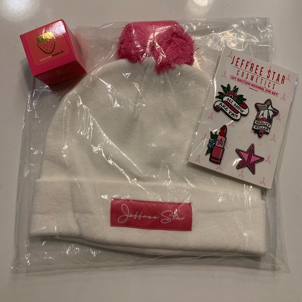 Jeffree Star Bundle: hat, pins & lip scrub